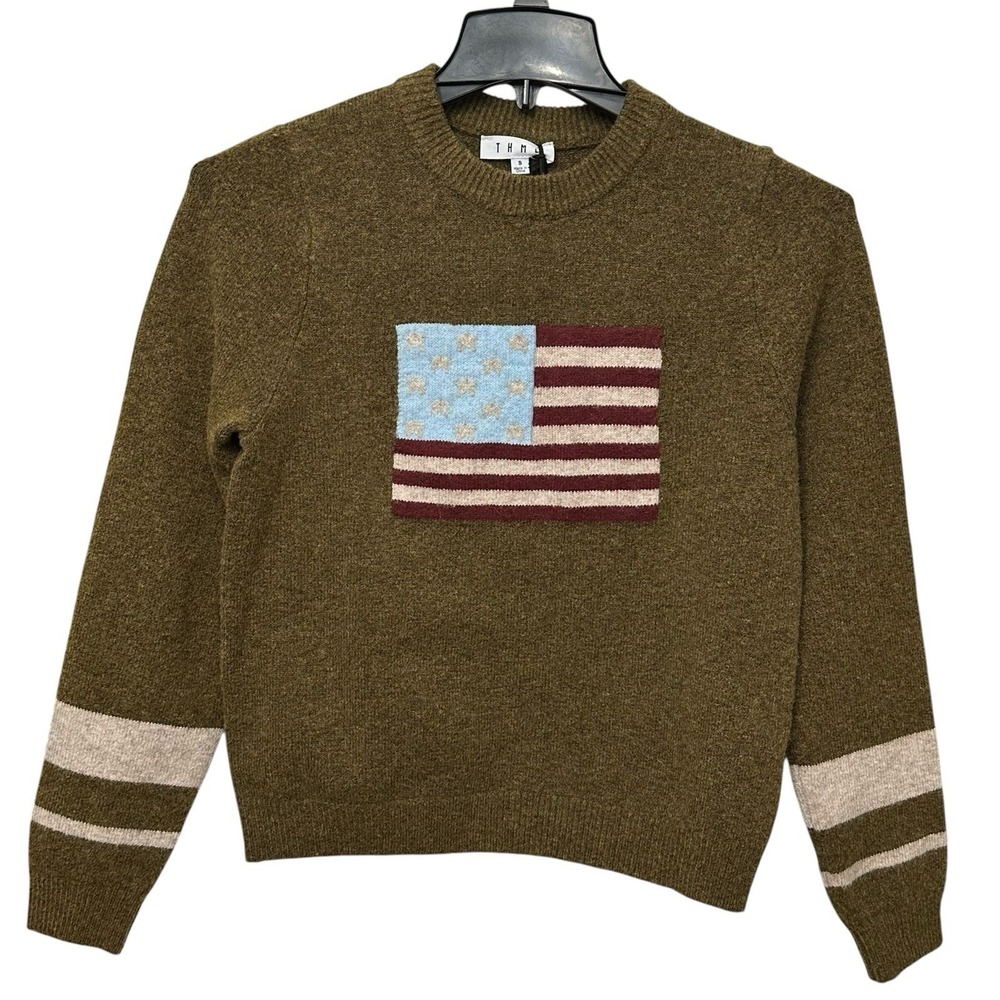 THML American Dream Flag Sweater Women's Size Small Olive Green Wool Blend USA